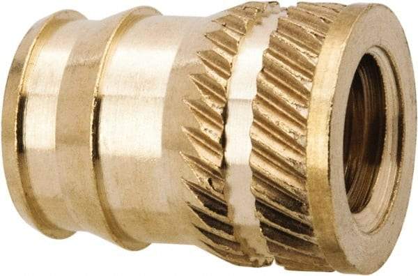 E-Z LOK - 1/4-20, 0.321" Small to 0.363" Large End Hole Diam, Brass Double Vane Tapered Hole Threaded Insert - 3/8" Insert, 0.332" Pilot Diam, 1/2" OAL, 0.194" Min Wall Thickness, 11/32" Drill, 0.194" Min Grip - Eagle Tool & Supply