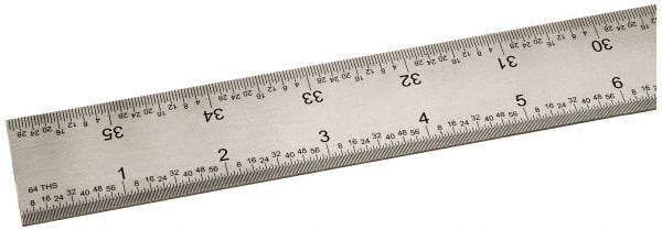 SPI - 36" Long, 1/100, 1/64, 1/32, 1/10" Graduation, Rigid Steel Rule - 5R Graduation Style, 1-1/4" Wide, Silver, Satin Chrome Finish - Eagle Tool & Supply
