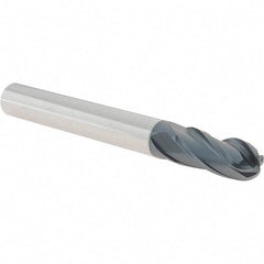 Iscar - 1/2" Diam, 1" LOC, 4 Flute Solid Carbide Ball End Mill - TiAlN Finish, Single End, 4-1/2" OAL, 1/2" Shank Diam, Spiral Flute - Eagle Tool & Supply
