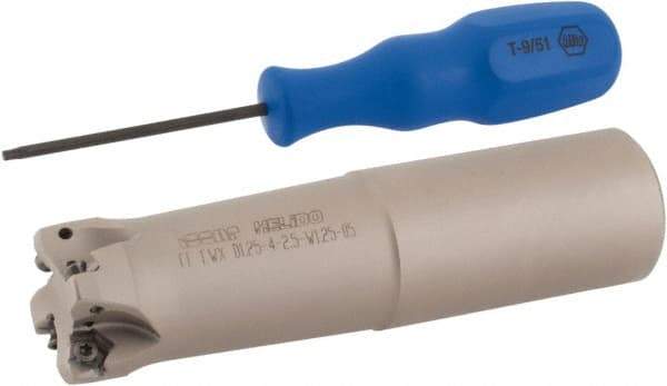 Iscar - 1-1/4" Cut Diam, 0.043" Max Depth, 1-1/4" Shank Diam, Weldon Shank Indexable High-Feed End Mill - Screw Holding Method, H600 WXCU 05 Insert, FF EWX-05 Toolholder, Through Coolant - Eagle Tool & Supply