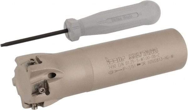 Iscar - 1-1/4" Cut Diam, 0.315" Max Depth of Cut, 1" Shank Diam, 4" OAL, Indexable Square Shoulder Helical End Mill - T490 LN.T 0804 Inserts, Weldon Shank, 90° Lead Angle, Through Coolant, Series Helitang - Eagle Tool & Supply