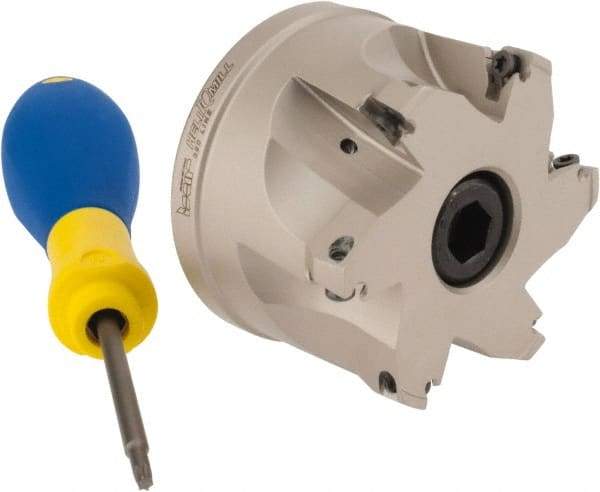 Iscar - 6 Inserts, 2-1/2" Cut Diam, 1" Arbor Diam, 0.315" Max Depth of Cut, Indexable Square-Shoulder Face Mill - 0/90° Lead Angle, 1.77" High, HM390 TPKT 1003 Insert Compatibility, Through Coolant, Series HeliIQMill - Eagle Tool & Supply