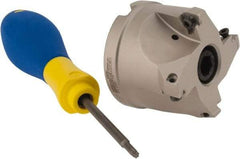 Iscar - 4 Inserts, 2" Cut Diam, 3/4" Arbor Diam, 0.315" Max Depth of Cut, Indexable Square-Shoulder Face Mill - 0/90° Lead Angle, 1.57" High, HM390 TPKT 1003 Insert Compatibility, Through Coolant, Series HeliIQMill - Eagle Tool & Supply