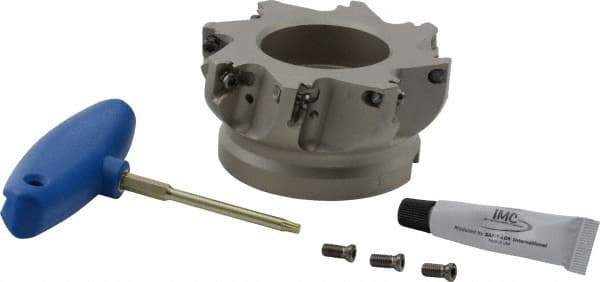Iscar - 8 Inserts, 4" Cut Diam, 1-1/2" Arbor Diam, 0.512" Max Depth of Cut, Indexable Square-Shoulder Face Mill - 0/90° Lead Angle, 2" High, HM390 TDKT 1505 Insert Compatibility, Through Coolant, Series HeliIQMill - Eagle Tool & Supply