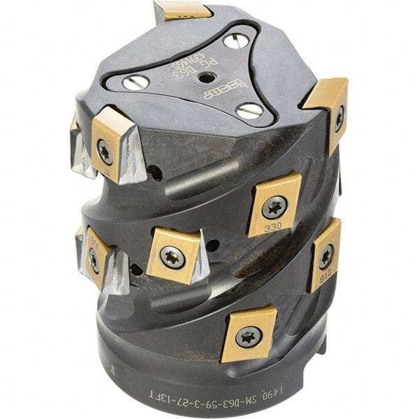 Iscar - 15 Inserts, 63mm Cut Diam, 27mm Arbor Diam, 59mm Max Depth of Cut, Indexable Square-Shoulder Face Mill - 0/90° Lead Angle, 80mm High, T490 LN.. 1306 Insert Compatibility, Through Coolant, Series Helitang - Eagle Tool & Supply