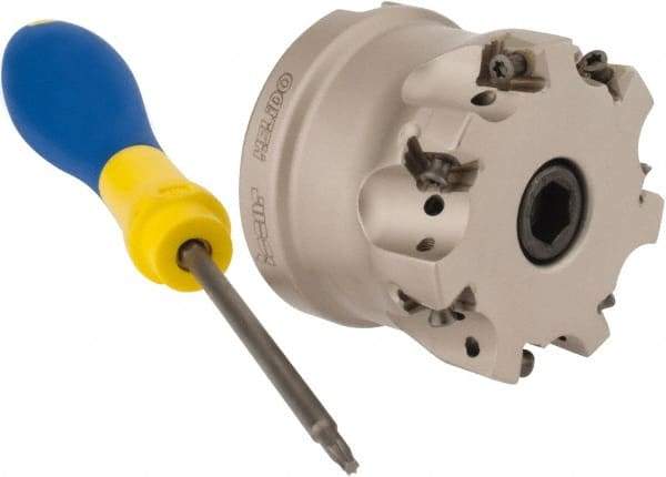 Iscar - 7 Inserts, 2" Cut Diam, 3/4" Arbor Diam, 0.315" Max Depth of Cut, Indexable Square-Shoulder Face Mill - 0/90° Lead Angle, 1.57" High, H490 AN.X 09 Insert Compatibility, Through Coolant, Series Helido - Eagle Tool & Supply