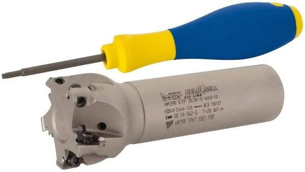 Iscar - 1-1/2" Cut Diam, 0.315" Max Depth of Cut, 1" Shank Diam, 4" OAL, Indexable Square Shoulder Helical End Mill - HM390 TPKT 1003 Inserts, Weldon Shank, 90° Lead Angle, Through Coolant, Series HeliIQMill - Eagle Tool & Supply