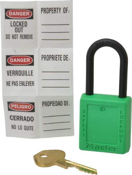 Master Lock - Keyed Different Nonconductive Lockout Padlock - 1-1/2" Shackle Clearance, 1/4" Shackle Diam, 1-3/4" Body Height x 1-1/2" Body Width, Green, 6 Pins - Eagle Tool & Supply