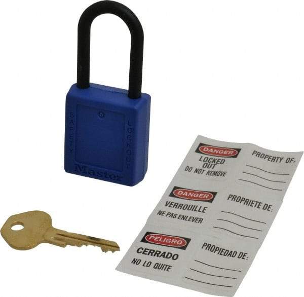 Master Lock - Keyed Alike Nonconductive Lockout Padlock - 1-1/2" Shackle Clearance, 1/4" Shackle Diam, 1-3/4" Body Height x 1-1/2" Body Width, Blue, 6 Pins - Eagle Tool & Supply