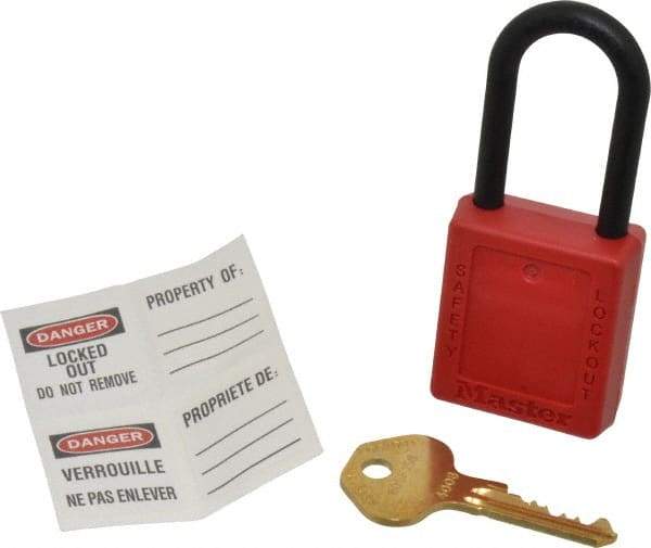 Master Lock - Keyed Alike Nonconductive Lockout Padlock - 1-1/2" Shackle Clearance, 1/4" Shackle Diam, 1-3/4" Body Height x 1-1/2" Body Width, Red, 6 Pins - Eagle Tool & Supply