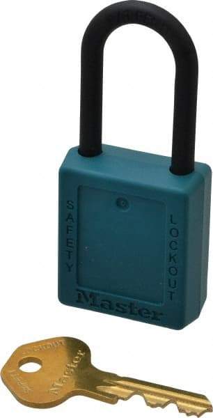 Master Lock - Keyed Alike Nonconductive Lockout Padlock - 1-1/2" Shackle Clearance, 1/4" Shackle Diam, 1-3/4" Body Height x 1-1/2" Body Width, Teal, 6 Pins - Eagle Tool & Supply