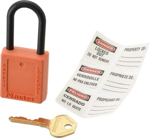 Master Lock - Keyed Different Nonconductive Lockout Padlock - 1-1/2" Shackle Clearance, 1/4" Shackle Diam, 1-3/4" Body Height x 1-1/2" Body Width, Orange, 6 Pins - Eagle Tool & Supply