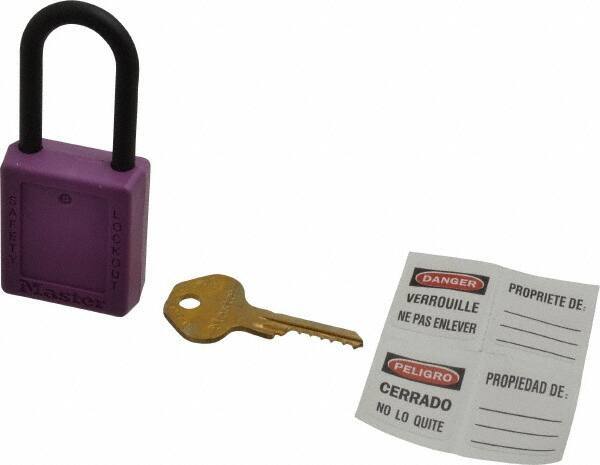 Master Lock - Keyed Different Nonconductive Lockout Padlock - 1-1/2" Shackle Clearance, 1/4" Shackle Diam, 1-3/4" Body Height x 1-1/2" Body Width, Purple, 6 Pins - Eagle Tool & Supply