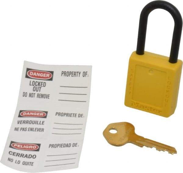 Master Lock - Keyed Different Nonconductive Lockout Padlock - 1-1/2" Shackle Clearance, 1/4" Shackle Diam, 1-3/4" Body Height x 1-1/2" Body Width, Yellow, 6 Pins - Eagle Tool & Supply