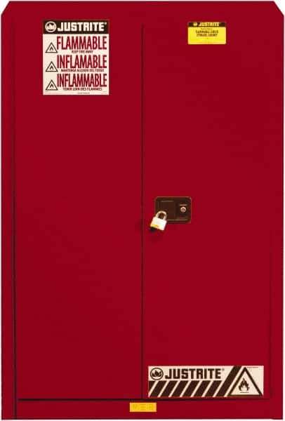 Justrite - 2 Door, 5 Shelf, Red Steel Standard Safety Cabinet for Flammable and Combustible Liquids - 65" High x 43" Wide x 18" Deep, Self Closing Door, 3 Point Key Lock, 60 Gal Capacity - Eagle Tool & Supply