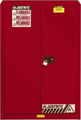 Justrite - 2 Door, 5 Shelf, Red Steel Standard Safety Cabinet for Flammable and Combustible Liquids - 65" High x 43" Wide x 18" Deep, Self Closing Door, 3 Point Key Lock, 60 Gal Capacity - Eagle Tool & Supply