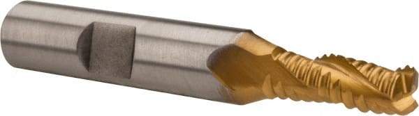 Hertel - 1/4" Diam, Coarse Pitch, 5/8" LOC, 3 Flute Cobalt Roughing Square End Mill - TiN Finish, 2-7/16" OAL, 3/8" Shank Diam, Single End, Centercutting, 30° Helix - Eagle Tool & Supply