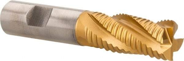 Hertel - 13/16" Diam, Coarse Pitch, 1-7/8" LOC, 4 Flute Cobalt Roughing Square End Mill - TiN Finish, 4-1/8" OAL, 3/4" Shank Diam, Single End, Centercutting, 30° Helix - Eagle Tool & Supply