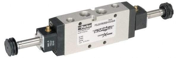 Parker - 3/8" NPT Port, Double Solenoid, 2 Position Valveless Coil, Aluminum Solenoid Valve - Normally Open Through Ports 1 & 2, 232 Max PSI, Buna-N Seal - Eagle Tool & Supply