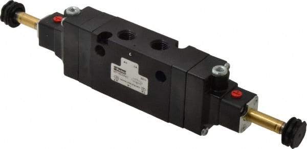 Parker - 1/4" NPT Port, Double Solenoid, 3 Position Valveless Coil, Aluminum Solenoid Valve - Center Exhaust Open, 145 Max PSI, Buna-N Seal - Eagle Tool & Supply