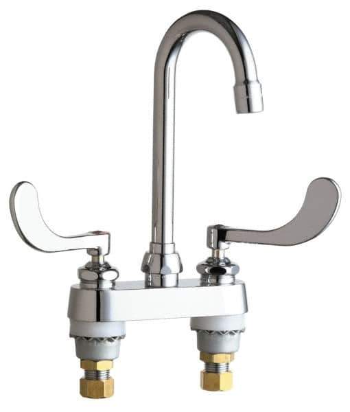 Chicago Faucets - Wrist Blade Handle, Deck Mounted Bathroom Faucet - Two Handle, Educational and Healthcare Drain, Gooseneck Spout - Eagle Tool & Supply