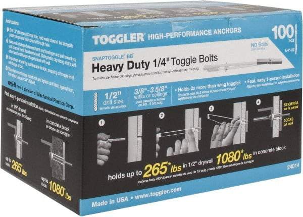 Toggler - 1/4" Screw, 6-1/4" Long, 3/8 to 3-5/8" Thick, Toggle Bolt Drywall & Hollow Wall Anchor - 1/4 - 20" Thread, 1/2" Drill, Zinc Plated, Steel, Grade 1010, Use in Drywall - Eagle Tool & Supply