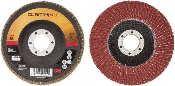 3M - 40 Grit, 4-1/2" Disc Diam, 7/8" Center Hole, Type 27 Ceramic Flap Disc - 13,300 Max RPM, Cloth Backing, Arbor Attaching System, Coated - Eagle Tool & Supply