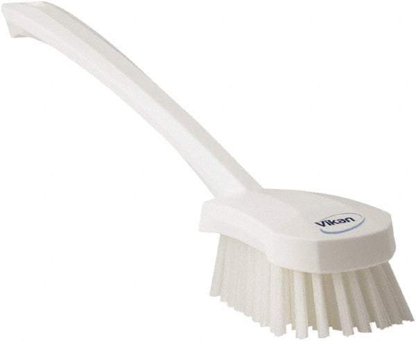 Vikan - 1.3" Bristle Length, Polyester Scrub Brush - 4" Long x 2-3/4" Wide Head, 15-3/4" OAL, White, Polypropylene Block - Eagle Tool & Supply