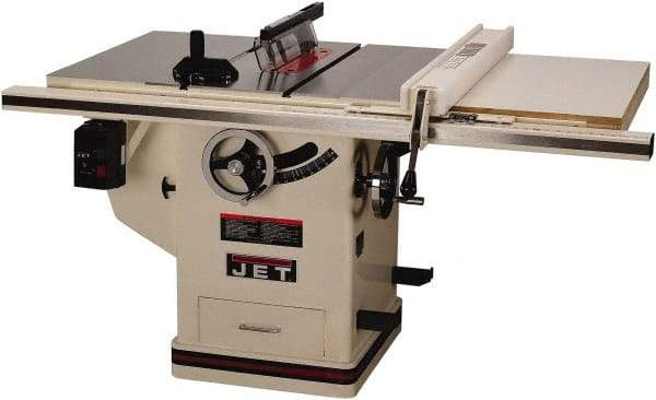 Jet - 10" Blade Diam, 5/8" Arbor Diam, 1 Phase Table Saw - 5 hp, 65" Wide x 36" Deep x 38" High, 230 Volt, 3" Cutting Depth - Eagle Tool & Supply