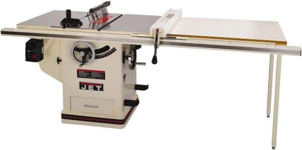 Jet - 10" Blade Diam, 5/8" Arbor Diam, 1 Phase Table Saw - 5 hp, 65" Wide x 36" Deep x 38" High, 230 Volt, 3" Cutting Depth - Eagle Tool & Supply