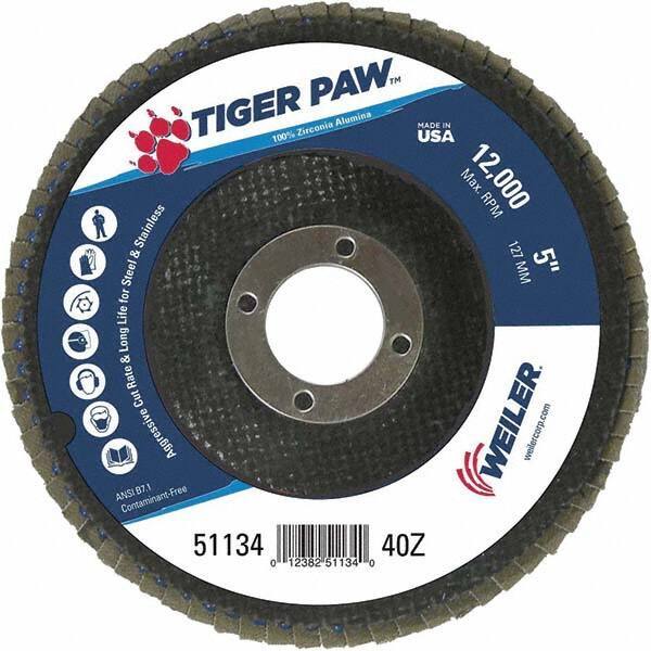 Weiler - 40 Grit, 5" Disc Diam, 7/8" Center Hole, Type 29 Zirconia Alumina Flap Disc - 12,000 Max RPM, Phenolic Backing, Arbor Attaching System, Coated - Eagle Tool & Supply