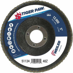 Weiler - 40 Grit, 5" Disc Diam, 7/8" Center Hole, Type 29 Zirconia Alumina Flap Disc - 12,000 Max RPM, Phenolic Backing, Arbor Attaching System, Coated - Eagle Tool & Supply