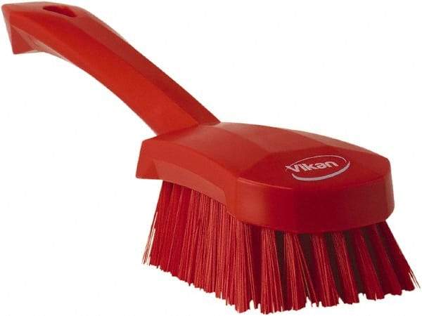 Vikan - 1.3" Bristle Length, Polyester Scrub Brush - 4-1/4" Long x 2-3/4" Wide Head, 10" OAL, Red, Polypropylene Block - Eagle Tool & Supply