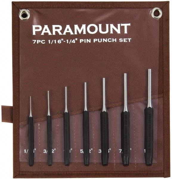 Paramount - 7 Piece, 1/16 to 1/4", Pin Punch Set - Hexagon Shank, Comes in Canvas Roll - Eagle Tool & Supply