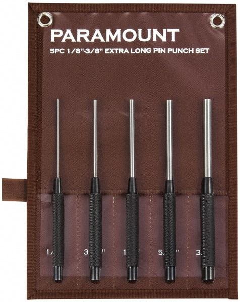 Paramount - 5 Piece, 1/8 to 3/8", Pin Punch Set - Round Shank, Steel, Comes in Canvas Roll - Eagle Tool & Supply