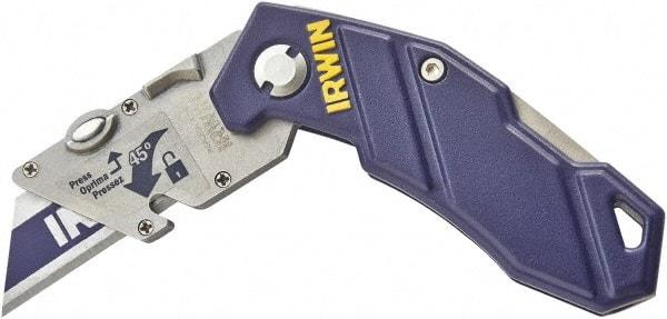 Irwin - Fixed Folding Utility Knife - Blue Aluminum Handle, 1 Blade Included - Eagle Tool & Supply