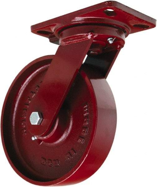 Hamilton - 8" Diam x 2" Wide x 9-3/4" OAH Top Plate Mount Swivel Caster - Cast Iron, 1,500 Lb Capacity, Sealed Precision Ball Bearing, 4-1/2 x 6-1/2" Plate - Eagle Tool & Supply