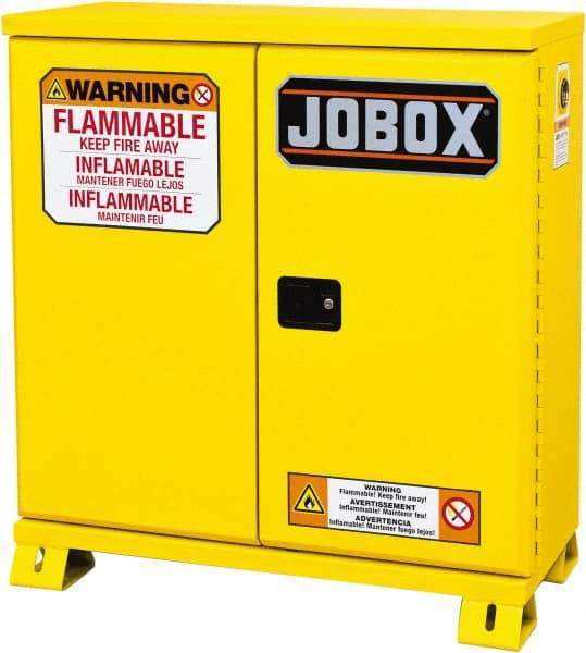 Jobox - 2 Door, 1 Shelf, Yellow Steel Standard Safety Cabinet for Flammable and Combustible Liquids - 49" High x 46-3/32" Wide x 19-5/8" Deep, Manual Closing Door, 30 Gal Capacity - Eagle Tool & Supply