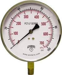 Winters - 4-1/2" Dial, 1/4 Thread, 0-100 Scale Range, Pressure Gauge - Lower Connection Mount, Accurate to 0.01% of Scale - Eagle Tool & Supply