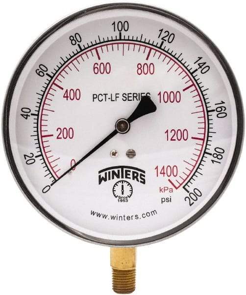 Winters - 4-1/2" Dial, 1/4 Thread, 0-200 Scale Range, Pressure Gauge - Lower Connection Mount, Accurate to 0.01% of Scale - Eagle Tool & Supply