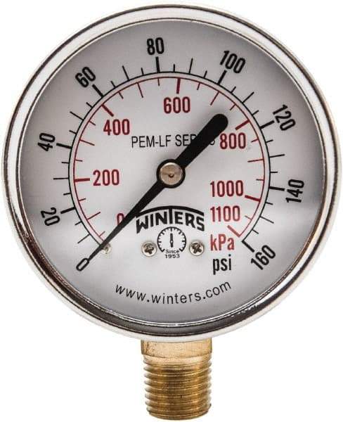 Winters - 2-1/2" Dial, 1/4 Thread, 0-160 Scale Range, Pressure Gauge - Lower Connection Mount, Accurate to 3-2-3% of Scale - Eagle Tool & Supply