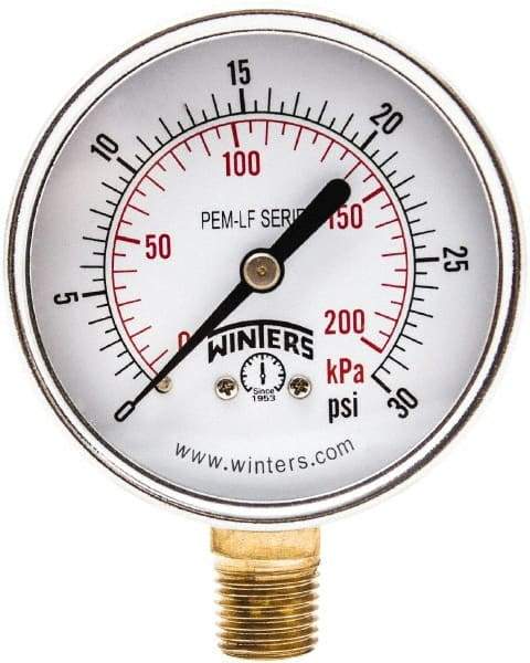 Winters - 2-1/2" Dial, 1/4 Thread, 0-30 Scale Range, Pressure Gauge - Lower Connection Mount, Accurate to 3-2-3% of Scale - Eagle Tool & Supply