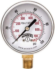 Winters - 2-1/2" Dial, 1/4 Thread, 0-100 Scale Range, Pressure Gauge - Lower Connection Mount, Accurate to 3-2-3% of Scale - Eagle Tool & Supply
