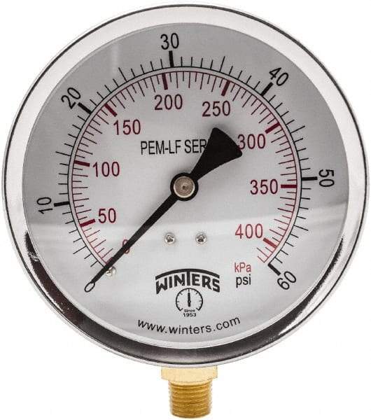 Winters - 4" Dial, 1/4 Thread, 0-60 Scale Range, Pressure Gauge - Lower Connection Mount, Accurate to 3-2-3% of Scale - Eagle Tool & Supply