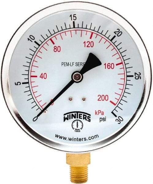 Winters - 4" Dial, 1/4 Thread, 0-30 Scale Range, Pressure Gauge - Lower Connection Mount, Accurate to 3-2-3% of Scale - Eagle Tool & Supply