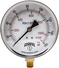 Winters - 4" Dial, 1/4 Thread, 0-160 Scale Range, Pressure Gauge - Lower Connection Mount, Accurate to 3-2-3% of Scale - Eagle Tool & Supply