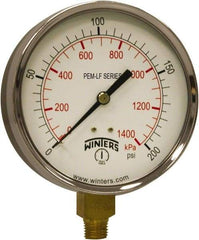 Winters - 4" Dial, 1/4 Thread, 0-200 Scale Range, Pressure Gauge - Lower Connection Mount, Accurate to 3-2-3% of Scale - Eagle Tool & Supply