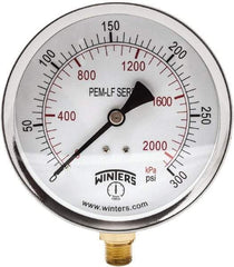 Winters - 4" Dial, 1/4 Thread, 0-300 Scale Range, Pressure Gauge - Lower Connection Mount, Accurate to 3-2-3% of Scale - Eagle Tool & Supply