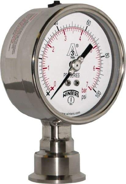 Winters - 4" Dial, 1-1/2 Thread, 0-100 Scale Range, Pressure Gauge - Lower Connection Mount, Accurate to 0.01% of Scale - Eagle Tool & Supply