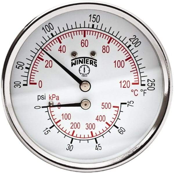 Winters - 3" Dial, 1/2 Thread, 0-75 Scale Range, Pressure Gauge - Center Back Connection Mount, Accurate to 0.03% of Scale - Eagle Tool & Supply